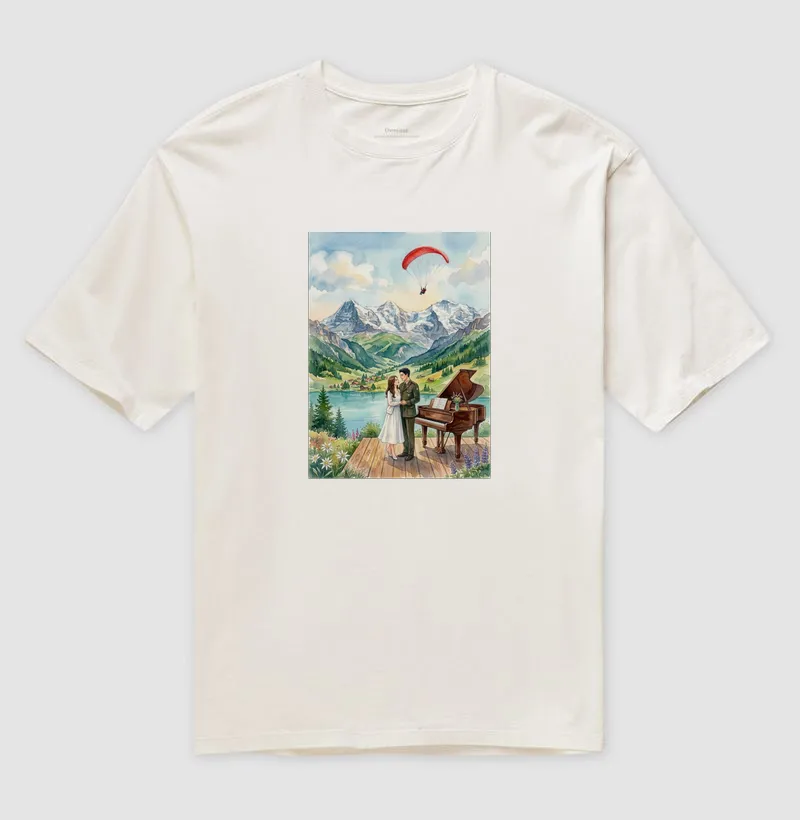 Camiseta Oversized aquarela - Suíça, piano, coreia do sul e do norte, casal, pousando - Imagem 4