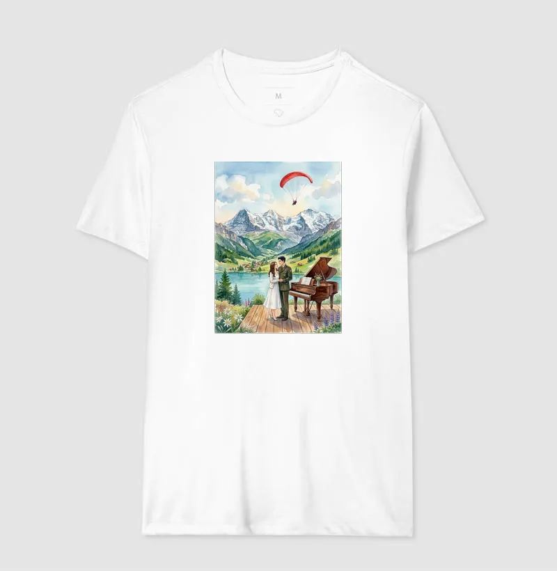 Camiseta aquarela - Suíça, piano, coreia do sul e do norte, casal, pousando - Imagem 6