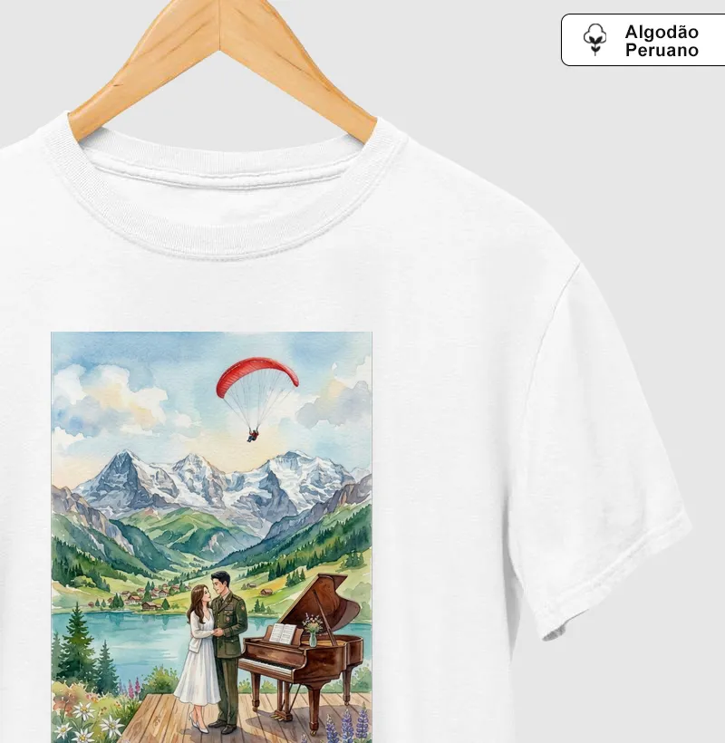 Camiseta aquarela - Suíça, piano, coreia do sul e do norte, casal, pousando