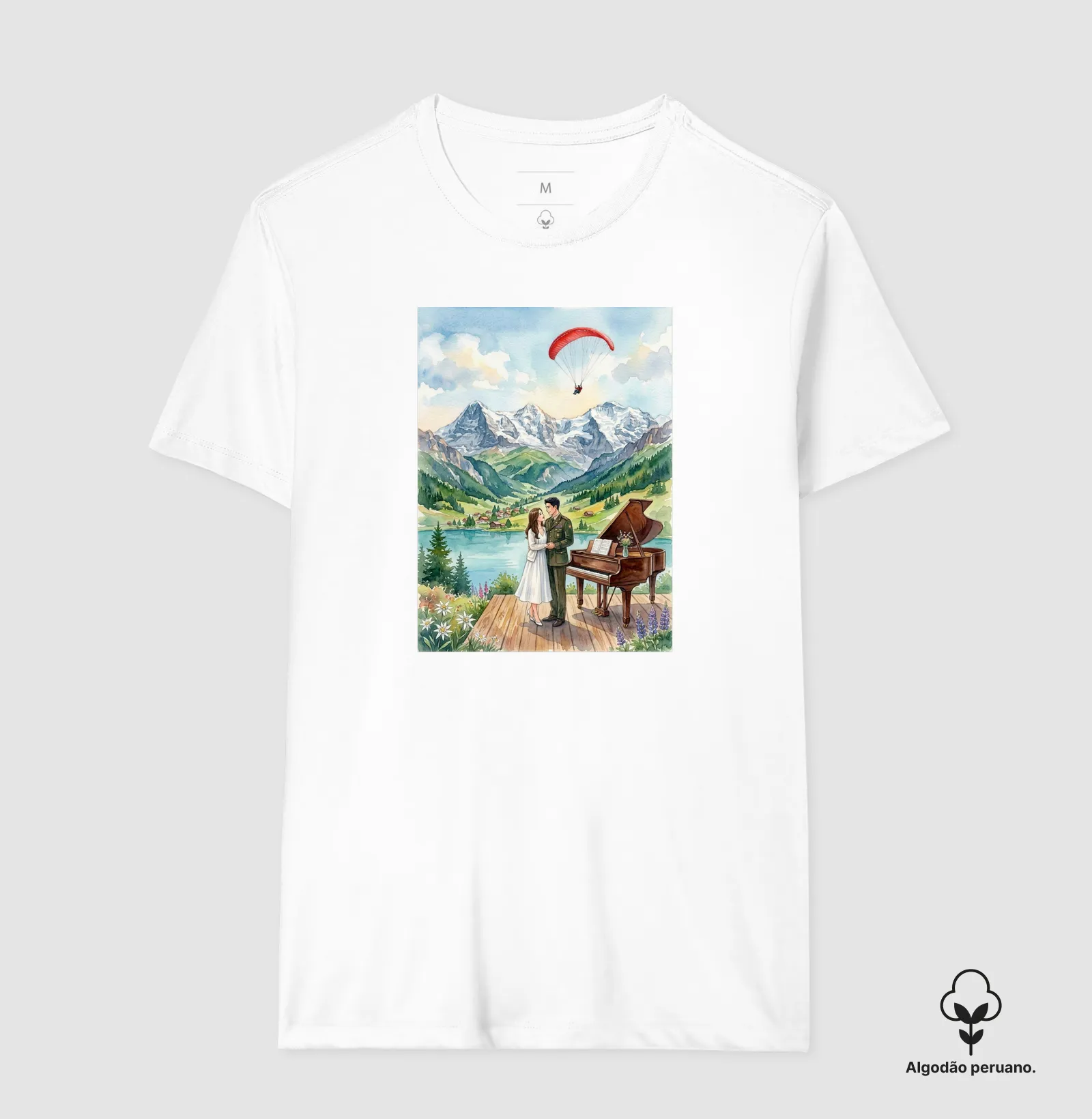 Camiseta aquarela - Suíça, piano, coreia do sul e do norte, casal, pousando - Imagem 4