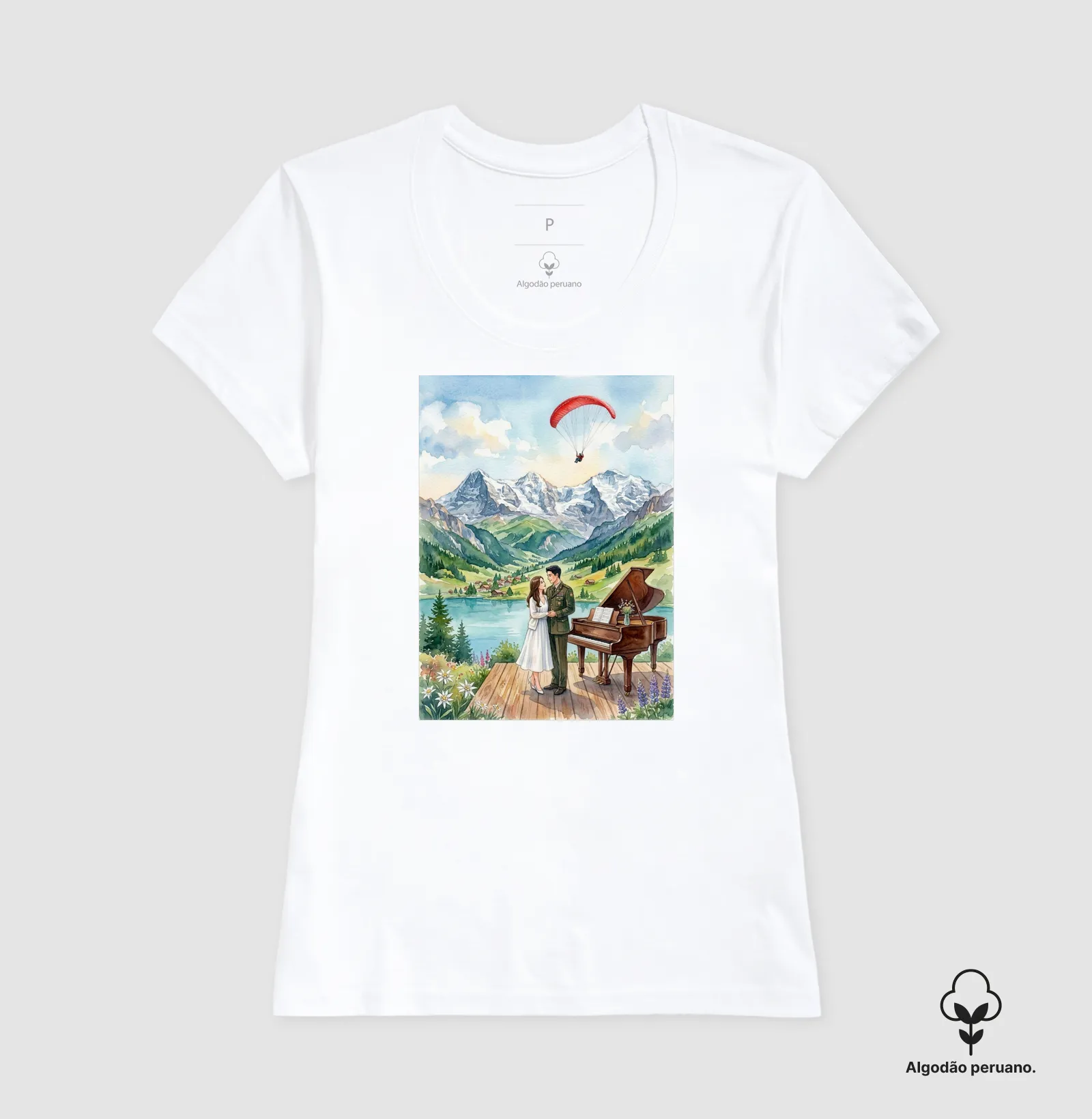 Camiseta aquarela - Suíça, piano, coreia do sul e do norte, casal, pousando - Imagem 6