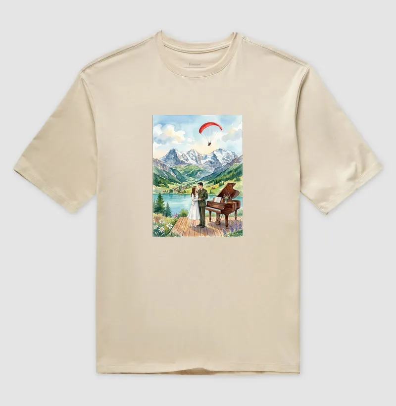 Camiseta Oversized aquarela - Suíça, piano, coreia do sul e do norte, casal, pousando - Imagem 3