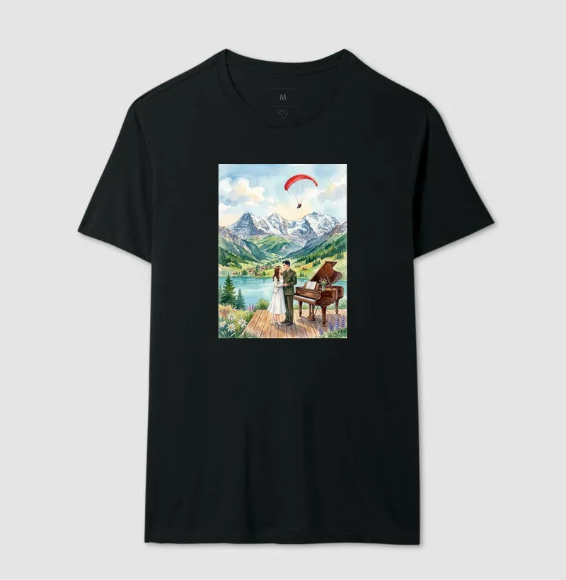 Camiseta aquarela - Suíça, piano, coreia do sul e do norte, casal, pousando - Imagem 5