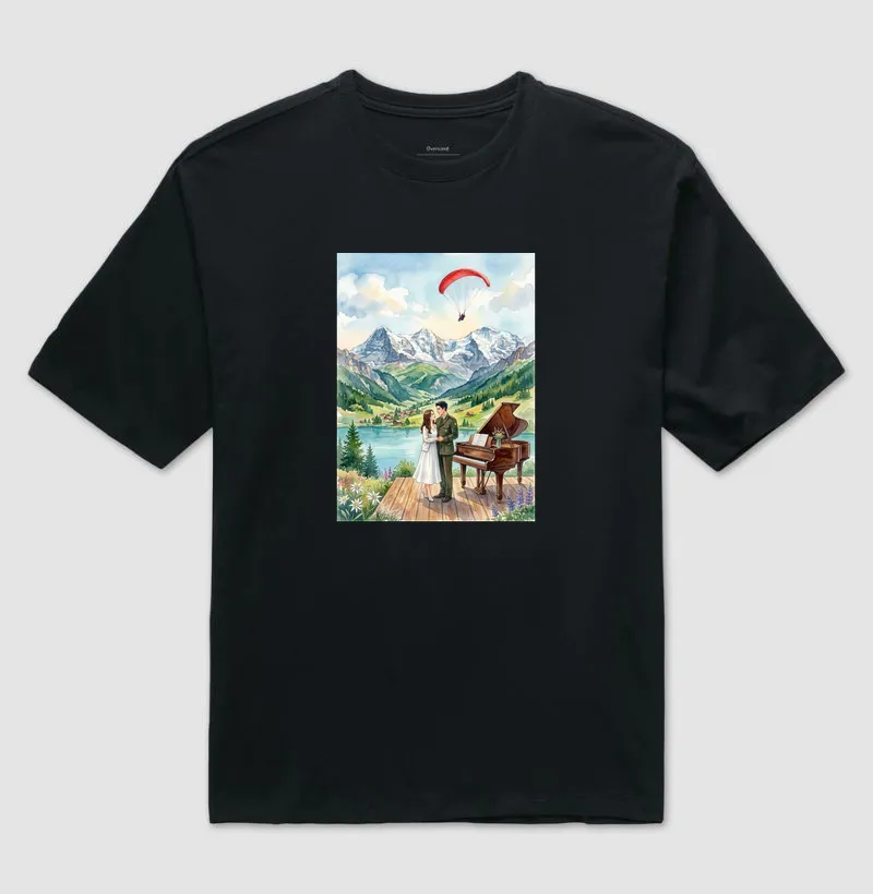 Camiseta Oversized aquarela - Suíça, piano, coreia do sul e do norte, casal, pousando - Imagem 2