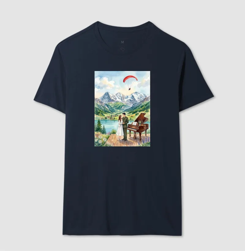 Camiseta aquarela - Suíça, piano, coreia do sul e do norte, casal, pousando - Imagem 7