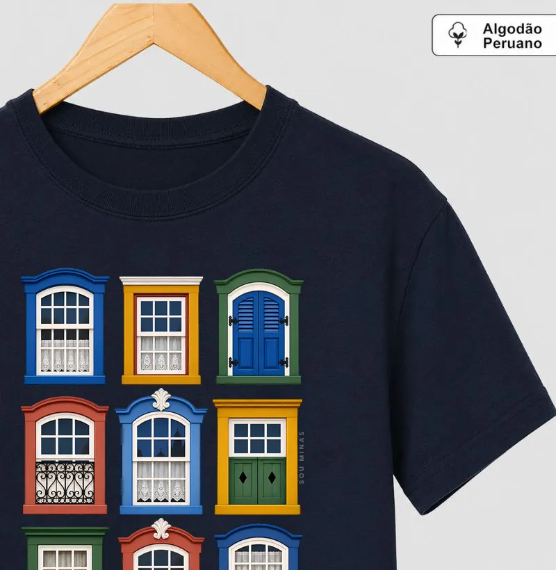 Camiseta Janelas de Minas | Arquitetura Colonial | Charme das Gerais - Algodão Peruano - Camiseta Algodão Peruano