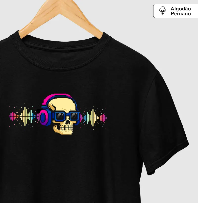 Camiseta Algodão Peruano Caveira Da Música Reset8Bit