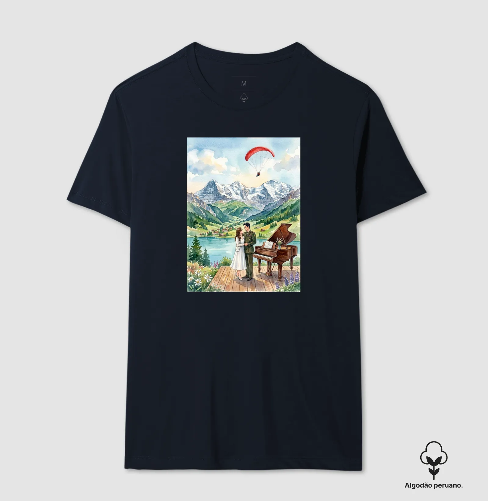 Camiseta aquarela - Suíça, piano, coreia do sul e do norte, casal, pousando - Imagem 7