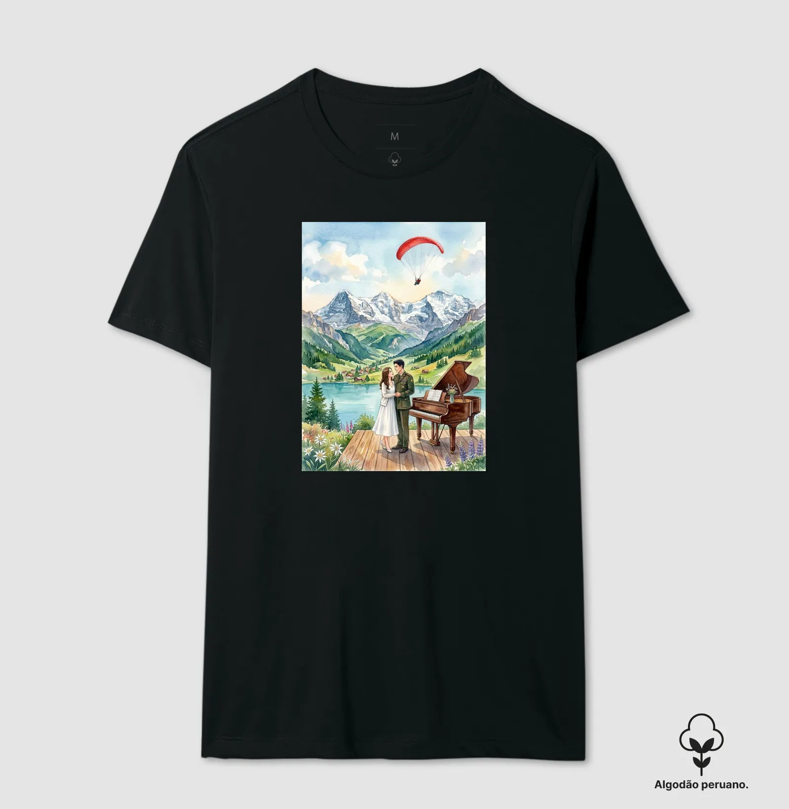 Camiseta aquarela - Suíça, piano, coreia do sul e do norte, casal, pousando - Imagem 3