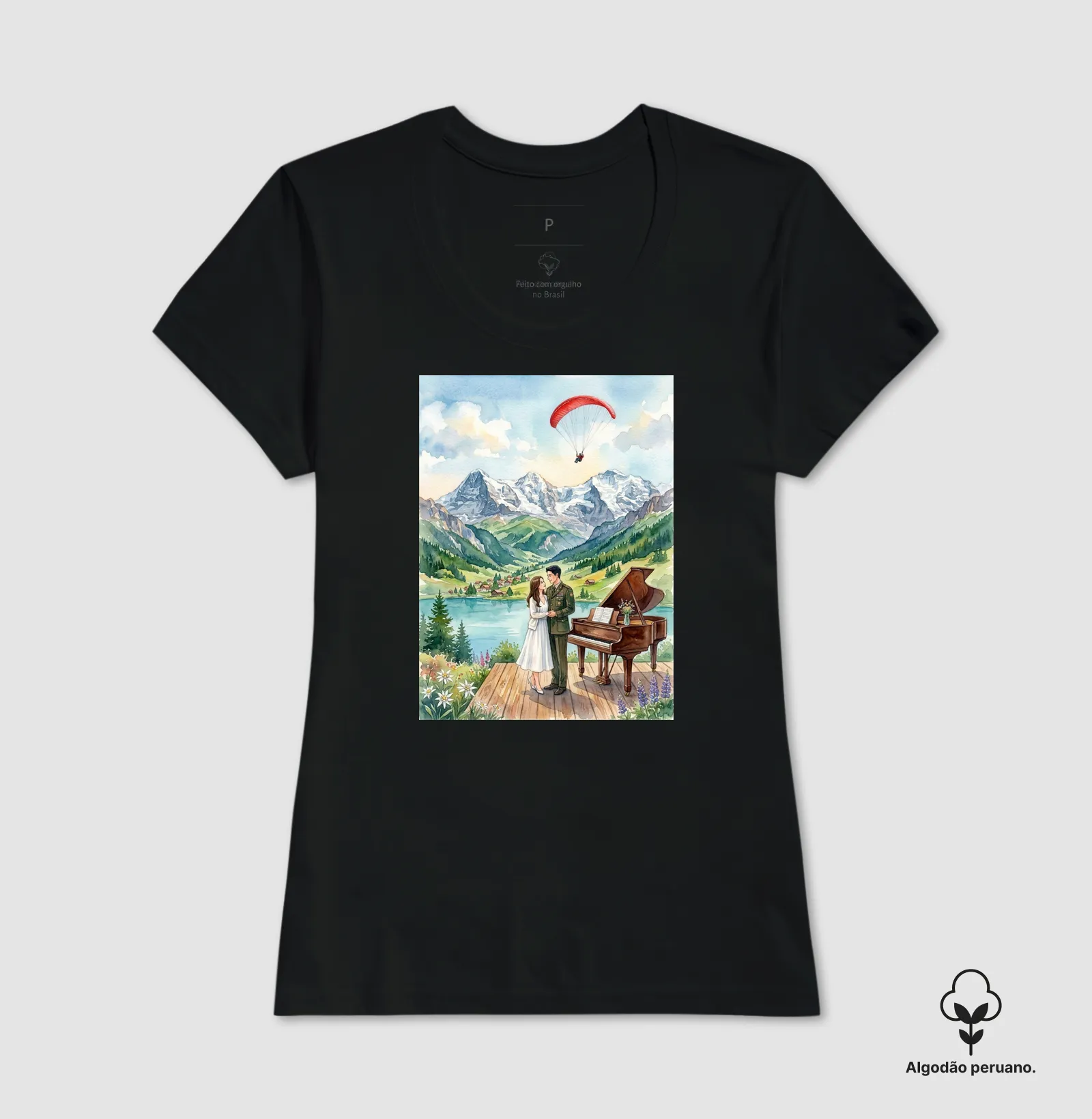 Camiseta aquarela - Suíça, piano, coreia do sul e do norte, casal, pousando - Imagem 5